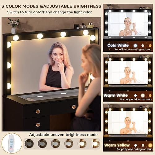 DINGIPP 43.3" Vanity with Large Mirror and 10 LED Lights, Vanity Desk with Glasstop, 11 Drawers with Crystal Handles, Dressing Table with Power Outlet as Gift for Women, Girls (Black) thumbnail 5