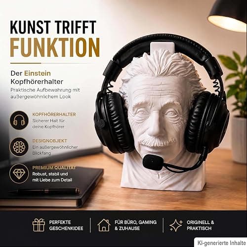R-Satz Shop Einstein Kopfhörerhalter – Headset Ständer für Kopfhörer & Headsets – Büste Schreibtisch Deko & witziges Geschenk – Headphone Stand für Büro, Setup & Gaming thumbnail 2