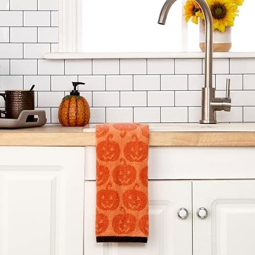 SKL Home Halloween Jack-O-Lantern 100% Cotton Jacquard 2pc Hand Towel Set, Reversible, Soft & Absorbent, Decorative for Bath/Kitchen/Bar & Gift, Orange thumbnail 3