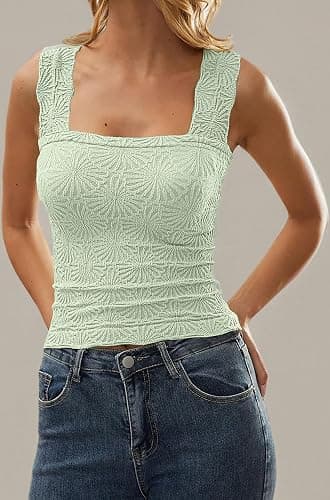 AIHUKOCY Women Square Neck Wide Strap Floral Crop Tank Top Sleeveless Lettuce Trim Solid Slim Cropped Cami Vest Tops thumbnail 6