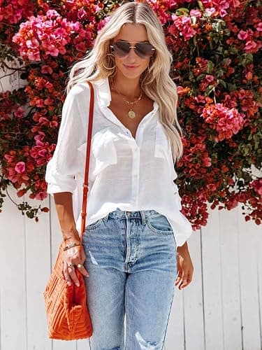 Breezy Lane Button Down Shirt for Women Beach Cover Up Long Sleeve Blouses thumbnail 3