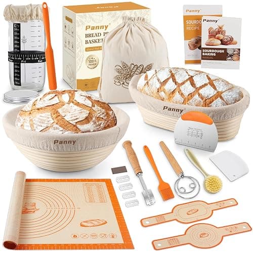 Panny Sourdough Starter Kit, Banneton Bread Proofing Basket with Glass Sour Dough Starter Jar, Sourdough Bread Baking Supplies, Making Tools, 9" Round & 10" Oval Baskets, Christmas Gift for Men Women - Image 1