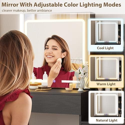 GarveeHome Makeup Vanity Desk with Sliding Mirror, Vanity Dressing Table with 3 Color Adjustable Lights, Girls Vanity Set with Stool, 4 Compact Vanity Drawers, Power Outlet, Black thumbnail 6