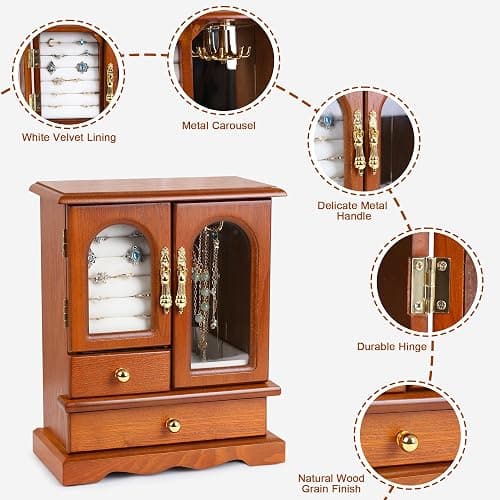 Kendal Wooden Jewelry Box for Women, Graduation Gift Solid Jewelry Holder Organizer, Mothers Day Gifts Wood Jewelry Case with Mirror for Necklaces, Earring, Rings (2 Side Door, Oak) thumbnail 4