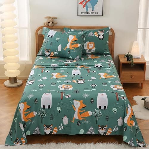 JSD Green Forest Animals Kids Sheet Set Full Size, 4 Piece Woodland Printed Microfiber Bed Sheets Deep Pocket thumbnail 7