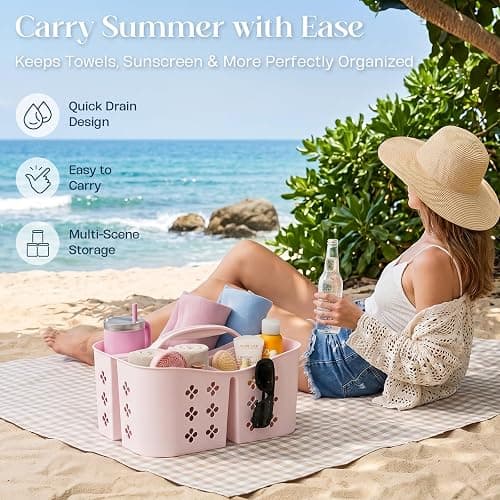 Portable Shower Caddy with Handle, Large Capacity Shower Basket Organizer, Quick-Drain Bathroom Storage Tote, Durable Plastic Shower Organizer for College Dorm, Beach, Gym, Travel Essentials, Pink thumbnail 8