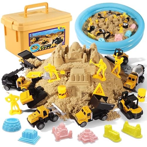 HONGTUO Play Construction Sand Kit, 2.2lbs Magic Sand, Inflatable Sandbox | 8 Alloy Construction Vehicles, 8 Worker Figures, Road Signs, 6 Castle Molds, Storage Box, Sensory Toys, Gift for Kids Ages 3+ - Image 1