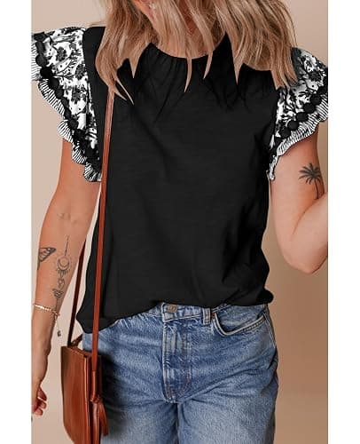 SELINK Womens Summer Ruffle Short Sleeve Top Crewneck T Shirts Floral Trim Casual Blouses thumbnail 3