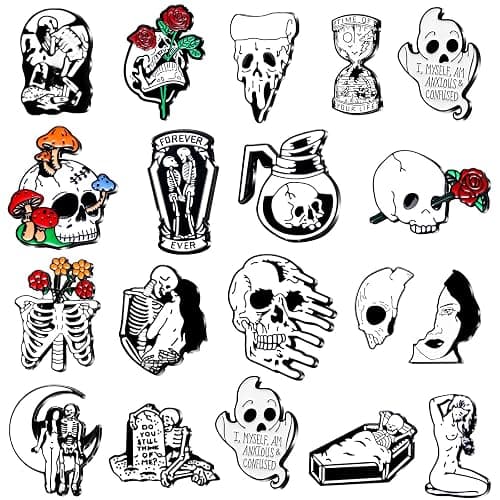 Janinka 20 Pcs Halloween Pins Goth Pin Skull Spooky Skeleton Set Horror Goth Skeleton Flower Brooch Pins Mini Skull Lapel for Christmas Gifts Men Women Bag Jacket Backpack Hat Pant Clothes Accessories - Image 1