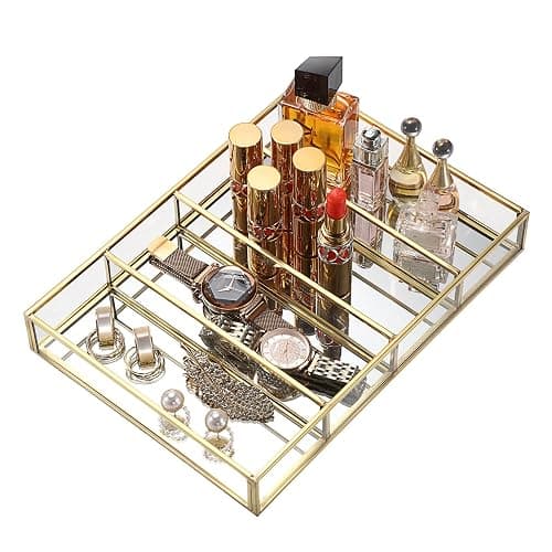 Hipiwe Sunglass Organizer Tray, 4 Grids Eyeglasses Watch Holder Gold Glass Eyewear Glasses Storage Case for Women Men, Mirrored Jewelry Perfume Vanity Display Tray Drawer Divider Insert thumbnail 8