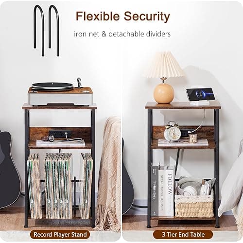 AMHANCIBLE Record Player Stand with Charging Station, Turntable Stand with Storage Cabinet, 3 Tier End Table Hold Up to 100 Albums, Record Table for Vinyl, Living Room, Rustic Brown, HETCD01BR-1 thumbnail 6