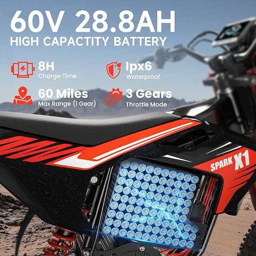 QRONGE X1 Spark Electric Dirt Bike, Electric-Bike with 60V 28.8Ah Battery, 4500 Peak Motor, 50MPH, Electric Motorcycle for Mountain Off-Road Adults Teens(M) thumbnail 3