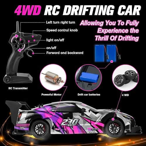 PANKQQ RC Drift Car, 1:16 Scale Drifting RC Cars, 2.4GHz 4WD RC Race Car, 40km/h High-Speed Remote Control Drift Car Vehicle, Racing Sport Toy Ideal Gift for Boys Girls Kids-2 USB Batteries (Purple) thumbnail 6
