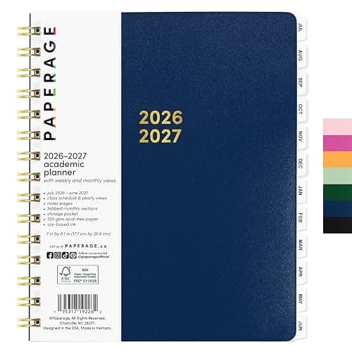 PAPERAGE Academic Planner, Weekly & Monthly Planner & Calendar, 12-Months, July 2026 - June 2027, (7" x 8"), School & Student Planning Agenda with Tabs, Bonus Pages & Inner Pocket, royal Blue - Image 1