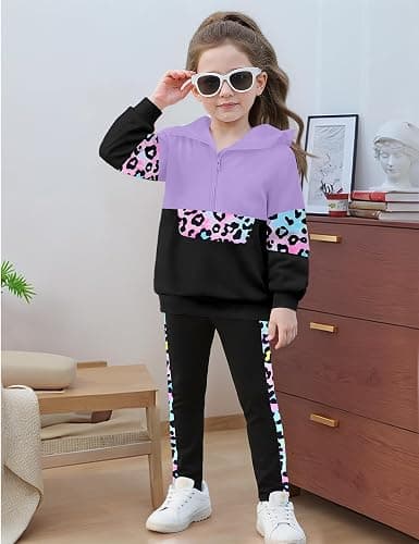 TyeSmo Toddler Girl Clothes Camo 2 Piece Little Girls Clothes Half Zip Up Hoodies Color Block Outfits Sweatshirt Pant Sets thumbnail 2