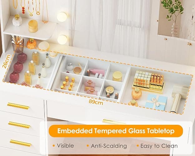 ANWBROAD Large Dressing Table with Mirror and Lights,White Makeup Vanity Desk with Glass Top and Power Outlet 8 Drawers 5 Hooks Nightstand Vanity Table for Bedroom Women Girls YBDT88W thumbnail 4
