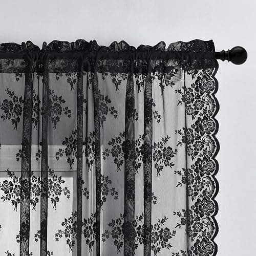 Kotile Black Lace Curtains 84 Inches Long - Vintage Floral Black Sheer Curtains 2 Panels, Gothic Sheer Lace Curtains for Living Room, Rod Pocket Privacy Sheer Window Curtain, 52 x 84 Inch thumbnail 4