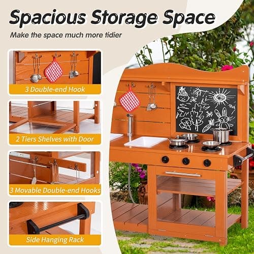 BRINJOY Outdoor Mud Kitchen Playset for Kids with Spray Pipe | Wooden Pretend Play Kitchen Set with Removable Sinks, Blackboard, Kitchenware, Stove,Backyard Garden Kitchen thumbnail 5