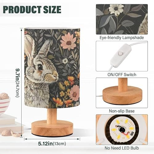 YYZZH Bunny Rabbit Floral Field Table Lamp with Wood Base Fabric Lamp Shade Bedside Desk Lamp for Living Room Bedroom Kids Room Office thumbnail 3