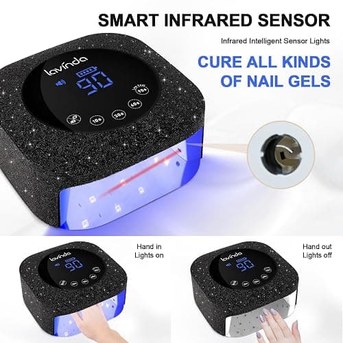 Lavinda 54W UV Nail Lamp, UV Light for Gel Nails, Cordless Rechargeable UV LED Nail Lamp Nail Light with 4 Timer and LCD Display, Professional Fast Curing Lamp Nail Dryer with Black Rhinestone thumbnail 6