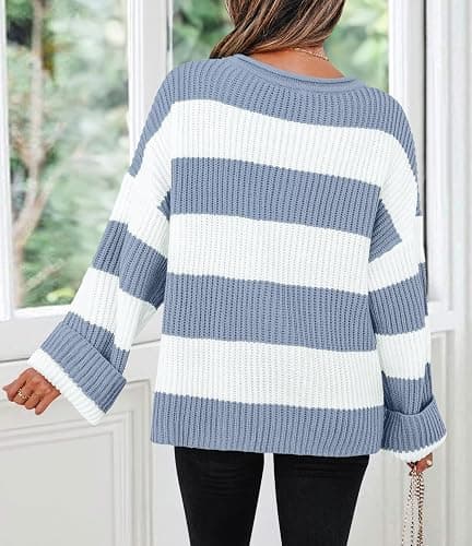 ZESICA Women's 2025 Fall Long Sleeve Oversized Striped Color Block Comfy Loose Crew Neck Knitted Pullover Sweater thumbnail 4