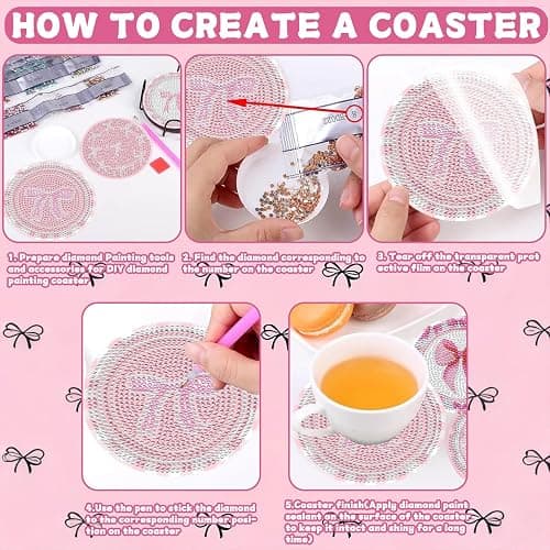 8 Pcs Diamond Painting Coasters,Diamond Painting Kits,Pink Bow Diamond Art Coasters,5D DIY Full Drill Diamond Dots,Gem Art Kits for Adults Arts and Crafts Supplies thumbnail 3