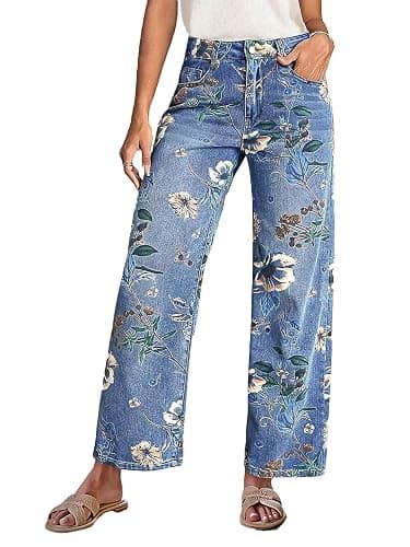yoeasy Women's Straight Leg Jeans High Rise Vintage Floral Printed Wide Leg Trendy Stretchy Baggy Casual Denim Pants - Image 1