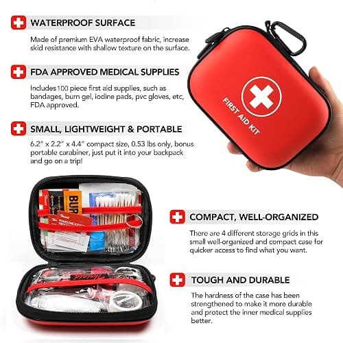 Mini First Aid Kit, 100 Pieces Water-Resistant Hard Shell Small Case - Perfect for Travel, Outdoor, Home, Office, Camping, Hiking, Car (Red) thumbnail 5