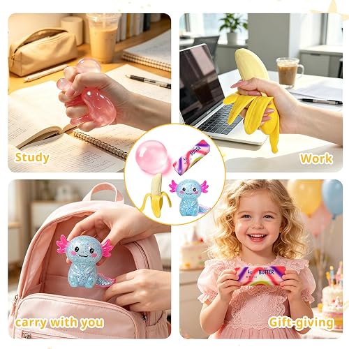 4 Pack Fun Food Squishy Set – Coconut Oil + Axolotl + Banana + Rainbow Butter Squishy, Sensory Stress Relief Fidget Toys, Cute Pocket for Home Office Travel, Calming Anxiety Gifts for Adults. thumbnail 3