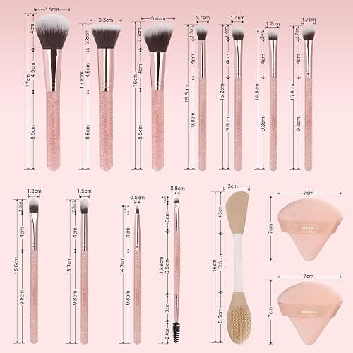 HEDIVIA Pink Makeup Brushes Set 14 Pcs Professional, Synthetic Foundation Concealer Powder Blush Eyeshadow Brushes with 2 Powder Puffs & Dual-ended Mask Applicator, Gifts for Women Teen Girls thumbnail 7
