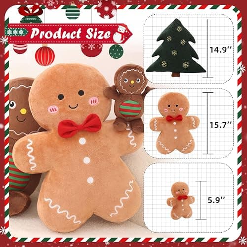 Eoieov Christmas Gingerbread Man Pillow Gingerbread Plush Stuffed Pillow Fun Gingerbread Shaped Decorative Throw Pillows for Sofa Cushion Christmas Party Decor Khaki,15.7" thumbnail 8