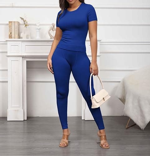 PINSV 2 Piece Sets for Women Summer Casual Jogger Workout Outfits Fitted Crew Neck T-shirt High Waist Legging Sets thumbnail 5