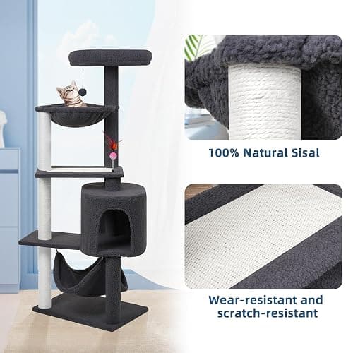 YUNIQUE Cat Tree with Cat Condo Scratch Posts Scratch Tablet and Big Hammock, (60.2‘’ Grey) thumbnail 5