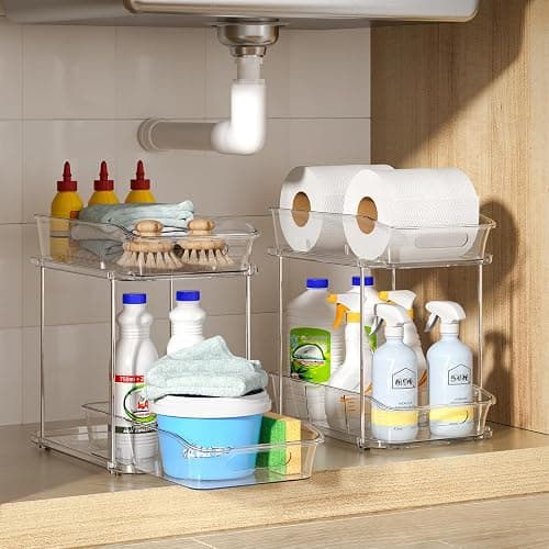 Delamu Bathroom Under Sink Organizers and Storage, 2 Pack, Clear | 2-Tier Multi-Purpose, Stackable, Pull Out Cabinet Kitchen Pantry Organization and Storage with Dividers thumbnail 9