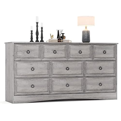 HolliWill Grey 10 Drawer Dresser, 59" Large Dresser for Bedroom, Wood Chests of Drawers with Textured Borders, TV Stand for 70 inch TV, Rustic Storage Dressers Organizer for Bedroom, Hallway - Image 1