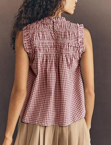OPCAKM Casual Tops for Women Plaid Babydoll T Shirts Sleeveless Peplum Top Cotton Blouse Summer Shirts Trendy thumbnail 3
