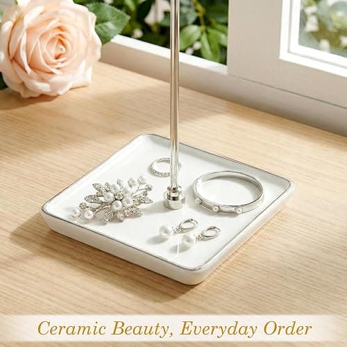 galasily Jewelry Holder Stand with Ceramic Base: 12" Tall Necklace Organizer Rack, Tree Design Display Storage for Necklaces, Bracelets, Rings, Earrings, Aesthetic Vintage Room Décor (Silver) thumbnail 4