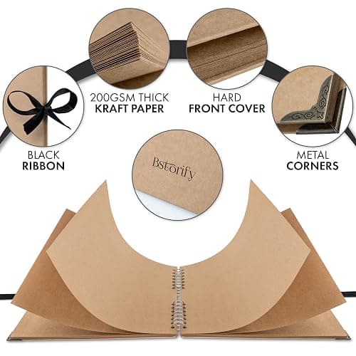 Bstorify 10 x 10 Inches Scrapbook Album For 4 x 6, 8 x 10 Pictures, 70 Pages Brown Thick 200gsm Kraft Paper Corner Protectors, Ribbon Closure - Ideal for Your Scrapbooking, Art & Craft Projects thumbnail 4