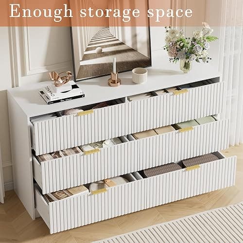 Furniway White Dresser for Bedroom, Modern Dresser with 6 Drawers and Smooth Slides, Wide Chest of Drawers with Golden Handles for Bedroom, Living Room, Closet, 15.7" D x 55.1" W x 31.4" H thumbnail 4