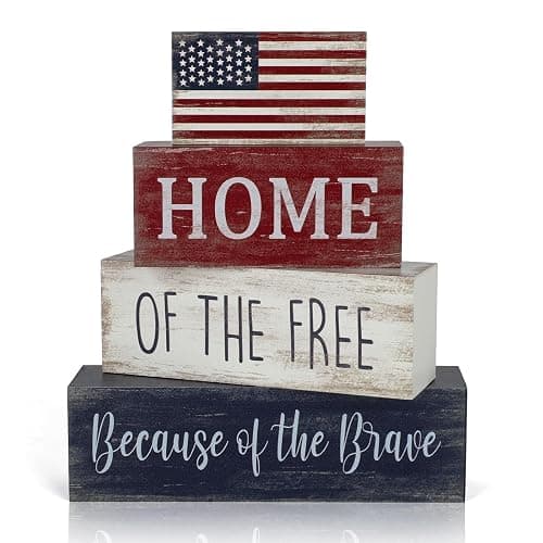 4th of July Decorations, 4 Sets Patriotic Wooden Block Table Centerpieces, Red White Blue Independence Day Memorial Day Tabletop Decorations, Rustic Labor Day Tiered Tray Decor for Home Office - Image 1