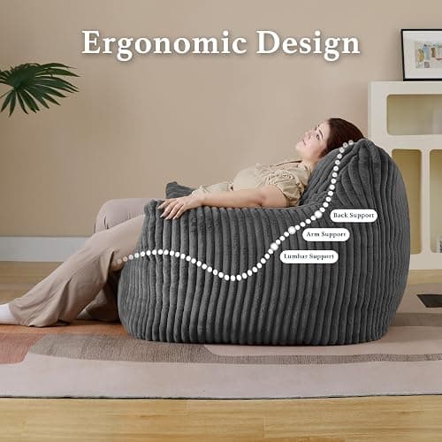 Giant Plush Bean Bag Chair for Adults with Armrests - Oversized Comfy Grey Beanbag Lounge Lazy Floor Sofa Accent Chair for Living Room, Bedroom & Dorm, Cozy Fluffy Single Cloud Mini Couch thumbnail 7