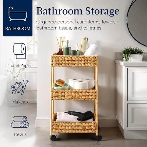 Best Choice Products 3-Tier Water Hyacinth Rolling Nursery Caddy w/Wheels, Utility Cart, Storage Organization for Bathroom, Craft Room, Laundry Room - Natural thumbnail 5