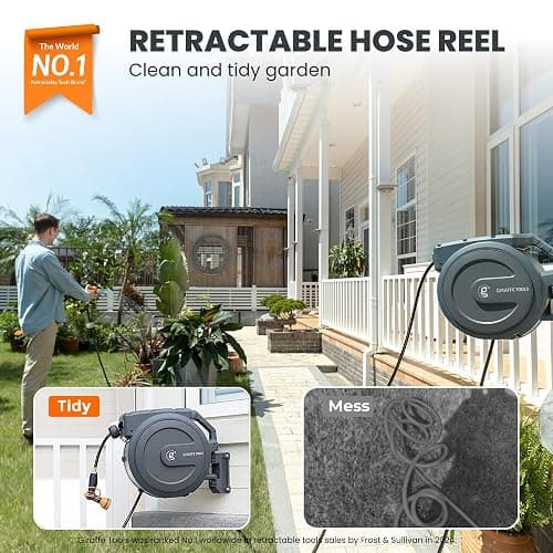 Giraffe Tools Retractable Garden Hose Reel 1/2 Inch x 130 ft, Super Heavy Duty, Any Length Lock, Slow Return System, Wall Mounted and 180 Deg Swivel Bracket thumbnail 2