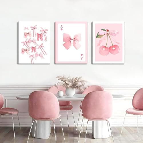 Trendy Pink Bows Canvas Wall Art Set of 3, Vintage Preppy Cherry Posters Prints, Pink Girly Room Aesthetic Wall Decor Painting for College Apartment Living Room Bedroom 12x16 In Framed thumbnail 7