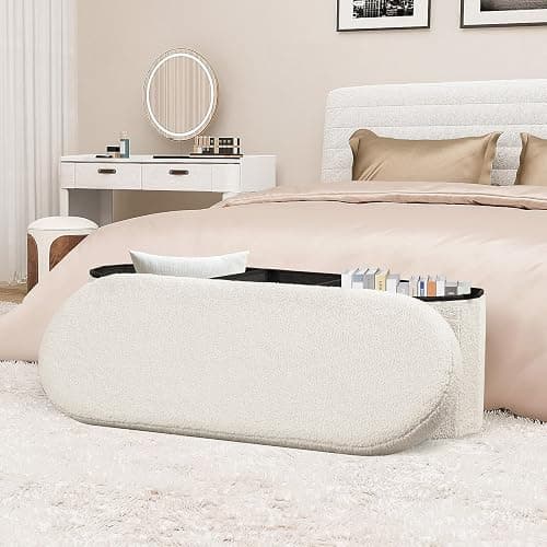 PINPLUS Storage Ottoman Bench Tufted Oval Ottomans Bench Foot Rest, Chest Box Velvet Bench with Storage, 43"x15"x15" (White) thumbnail 2