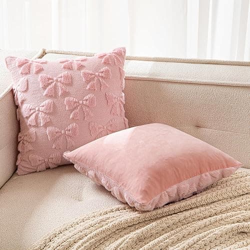 MIULEE Pink Bow Pillow Covers Coquette Room Decor 18x18 | Aesthetic Decorative Cute Girl,Set of 2 Cushion Covers,Soft Plush Faux Pillowcases,Preppy Room Decor Bedroom Couch thumbnail 5