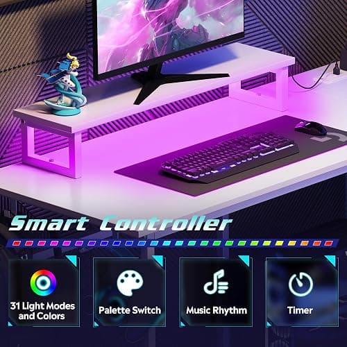 DEVAISE 47 Inch L Shaped Gaming Desk with LED Lights & Power Outlets, Corner Desk for Small Spaces, Sturdy PC Computer Table with Storage for Home Office, White thumbnail 4
