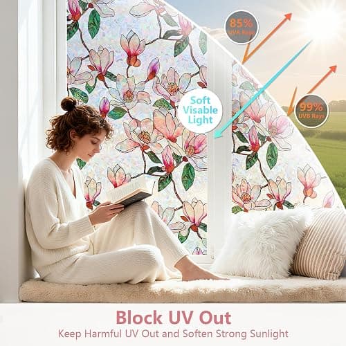 Kromapolis Window Privacy Film, Stained Glass Sticker, 23.6" x 78.7" | Removable Floral Window Clings, Decorative Static Clings, UV Blocking Colorful Decals, Rainbow Magnolia Flowers thumbnail 3