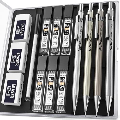 Nicpro 4 Pack Mechanical Pencil 0.5 mm with Case, MB1000 Metal Mechanical Pencil Set with 6 Tube HB #2 Lead Refill 0.5mm, 3PCS 4B Eraser, 9 Cap Eraser for Artist Drafting Writing, Sketching, Drawing - Image 1