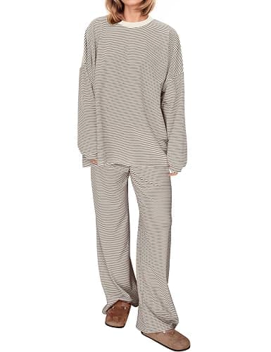 MISSACTIVER Women's 2 Piece Striped Lounge Set Long Sleeve Oversized T-Shirt Wide Leg Pants Matching Pajamas Set thumbnail 2